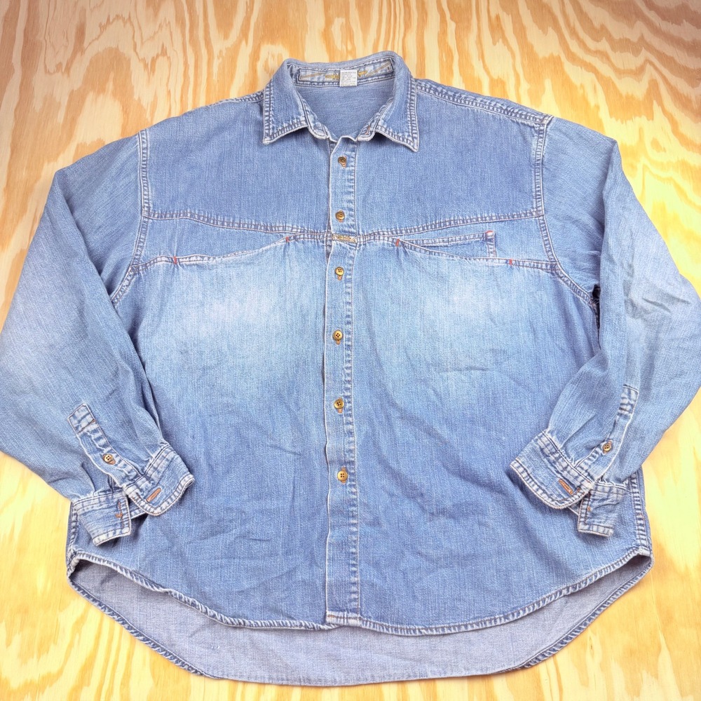 Marithe Francois Girbaud Mens Denim Shirt Light Wash Long Sleeve Large Vintage